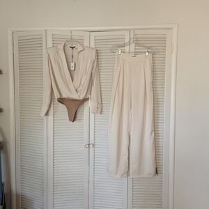 JLUXLABEL Set Cream Wrap Bodysuit with Wide-Leg Cream Pants